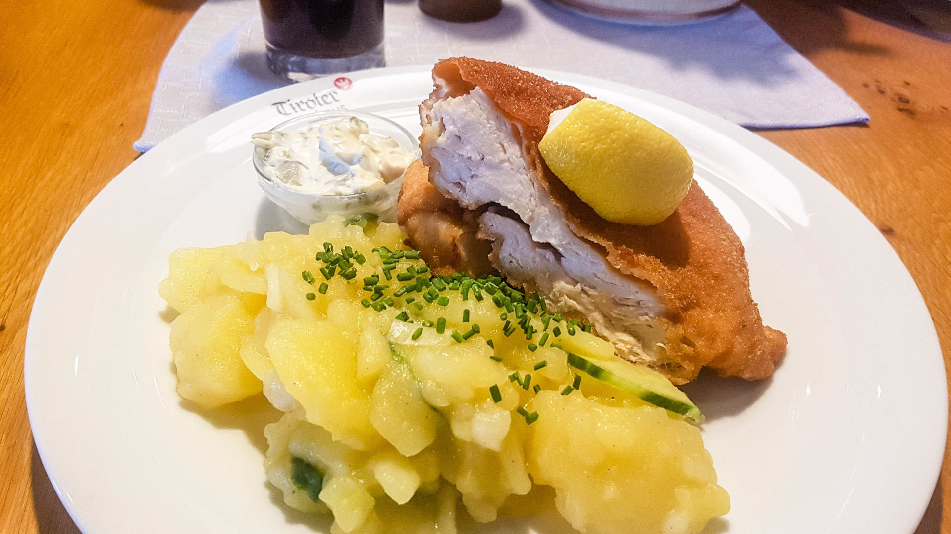 Chicken schnitzel at the Tirolerhaus in the Zugspitz Arena, Austria.