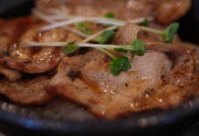 Japanisches Schweinekotelett in der Innenstadt von Osaka Reisschüssel mit gegrilltem Schweinefleisch.