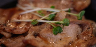 Japanisches Schweinekotelett in der Innenstadt von Osaka Reisschüssel mit gegrilltem Schweinefleisch.