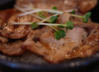 Japanisches Schweinekotelett in der Innenstadt von Osaka Reisschüssel mit gegrilltem Schweinefleisch.