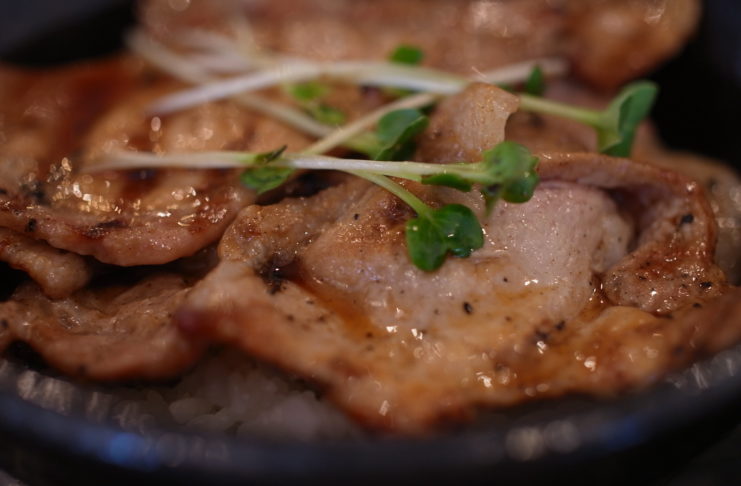 Japanisches Schweinekotelett in der Innenstadt von Osaka Reisschüssel mit gegrilltem Schweinefleisch.